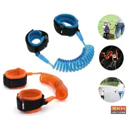 Blue and orange safety wristbands displayed with examples of a toddler walking with a parent and the strap attached to a stroller