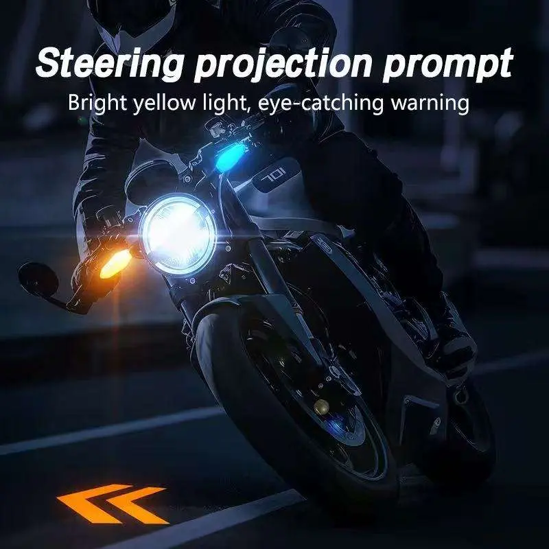 Front view of a bike displaying bright yellow steering projection prompt on the road at night