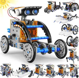 13-in-1 Solar Robot Kit showing the main assembled auto-bot with its solar panel head and blue gears