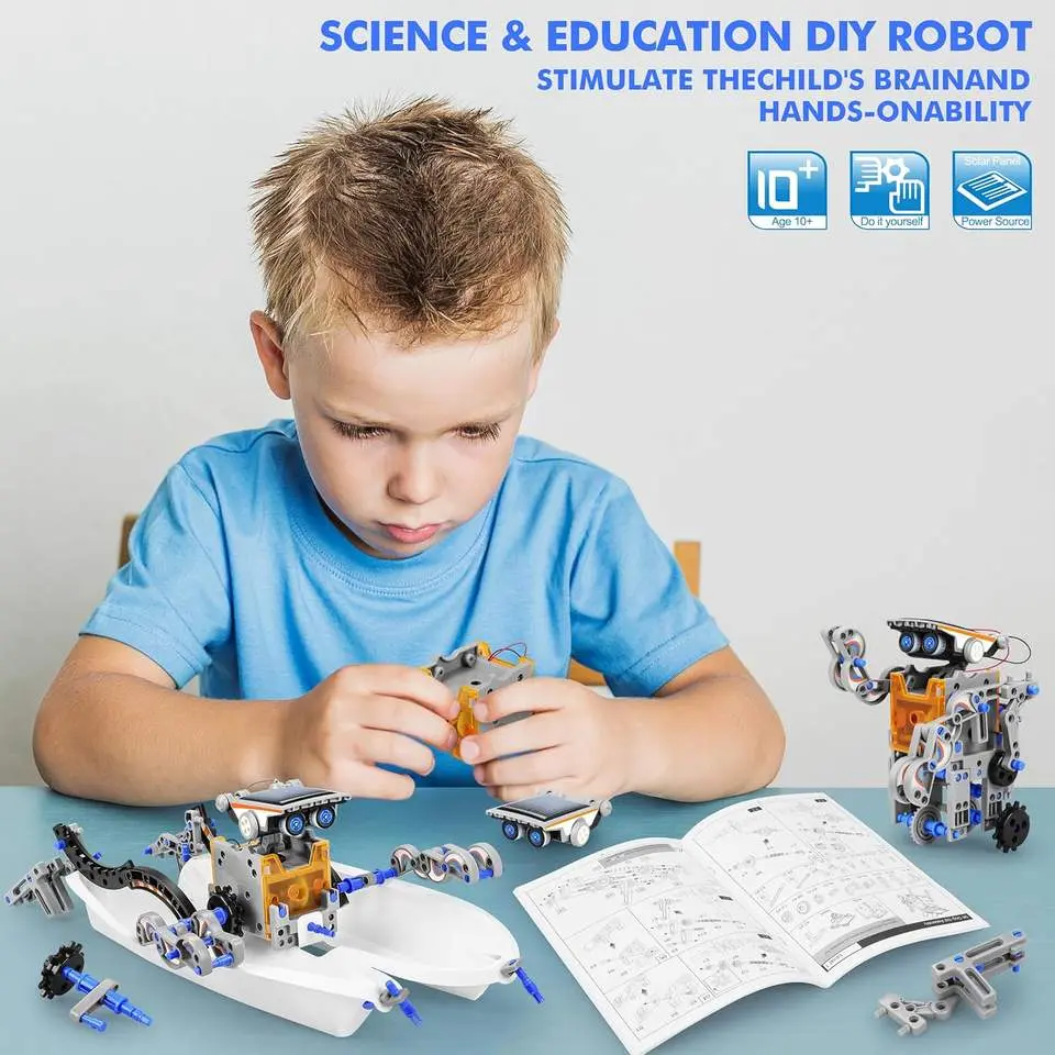 A young boy assembling the educational solar toy on a table following the instruction manual