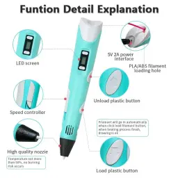 3D Printing Pen light blue color with LED screen and function details