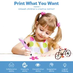 Young girl drawing a bicycle and flower using a pink 3D pen