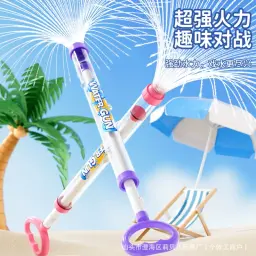 Firework Watergun with pink and purple handles spraying a multi-stream water pattern