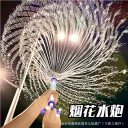 Nighttime view of the stunning wide firework water spray pattern from the transparent pump tube