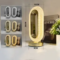 Crystal Diamond Oval Table Lamp showing its 26cm height, 12cm width, and 9cm metallic golden base