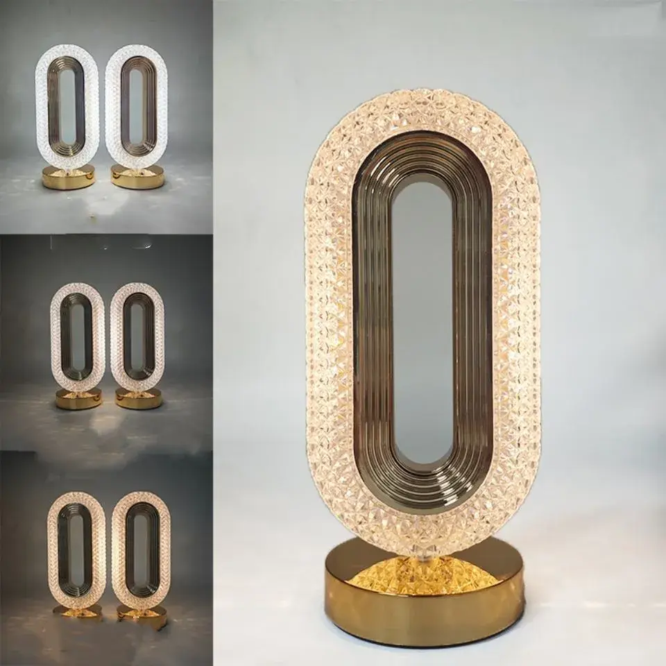 Three identical oval lamps displayed side-by-side showcasing the warm, cool, and neutral light modes