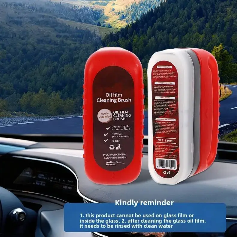 Front and back view of the red car glass cleaner bottle placed on a car dashboard