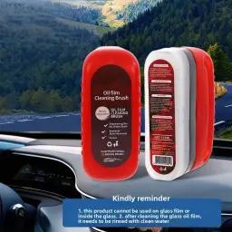 Front and back view of the red car glass cleaner bottle placed on a car dashboard